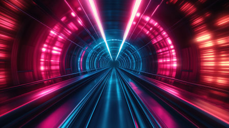 A futuristic tunnel with vibrant neon lights creates a sense of speed and digital flow. The sleek lines and bright colors evoke a sense of motion and technology.の素材