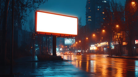 A vibrant cityscape at night featuring a large blank billboard, illuminated streets, and the reflections of city lights on a wet road.の素材