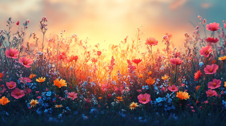 A vibrant field of wildflowers glows in the warm, soft light of the setting sun, creating a peaceful and serene atmosphere.の素材