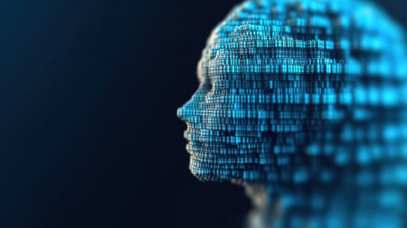 An abstract image of a human face made of digital code representing artificial intelligence, with a dark background, perfect for modern technology themes.の素材