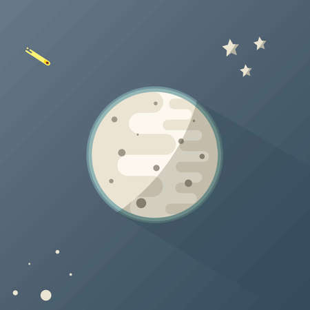 Moon with Stars and comets in Space.Planet with Craters in the Universe. Vector Illustration. Space background in style flatのイラスト素材