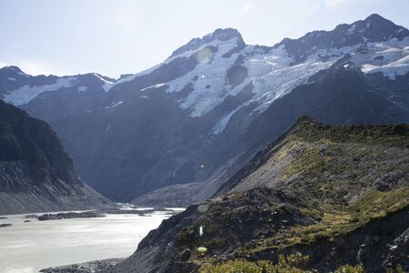 hiking in a summer afternoon at the Hooker valley track, mt cook