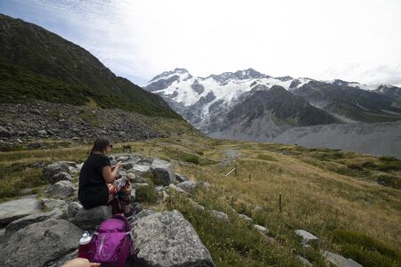 hiking in a summer afternoon at the Hooker valley track, mt cook