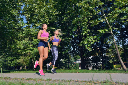 Two woman practicing working out - fitness outdoor at the park.
