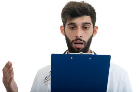 Male Doctor standing with folder, isolated on white background.