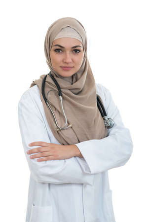 Closeup portrait of friendly, smiling confident muslim female doctorの写真素材