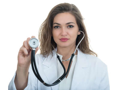 Closeup portrait of friendly, smiling confident female doctor, healthcare professional isolated on...