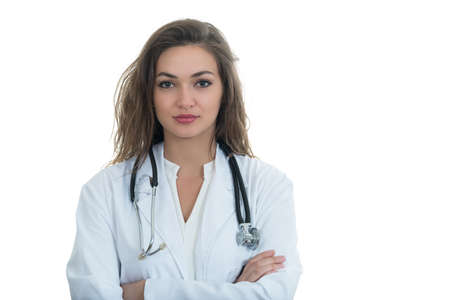 Closeup portrait of friendly, smiling confident female doctor, healthcare professional isolated on white background.の写真素材