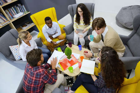 Young team of freelancers searching information making business tasks consulting with expert....