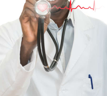 African-American black doctor man with stethoscope with hearth EKG.の写真素材