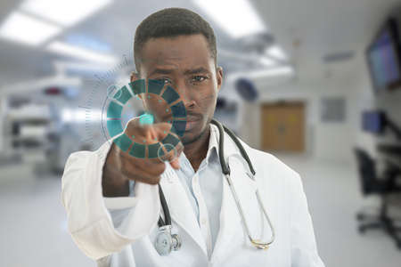 Angry african black male doctor pointing finger at you with stethoscope around his neck, pointing at camera with serious face and medical symbols.の写真素材