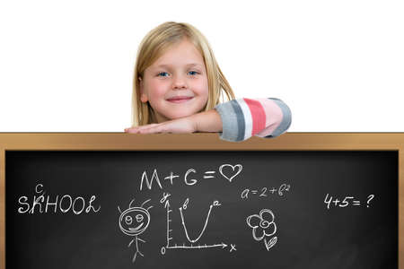 Cute blonde girl holding a blank signの写真素材