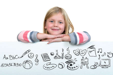 Cute blonde girl holding a blank signの写真素材