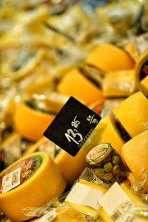 Pecorino, Italian hard cheese with spanish oliveの写真素材