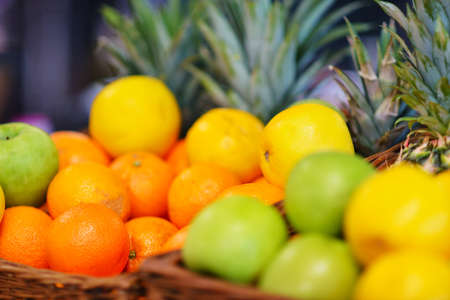 Fresh Tropical fruit basket in supermarketの写真素材