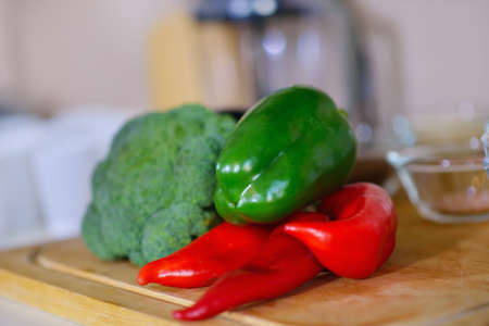 healthy foods are on the table in the kitchenの写真素材