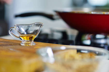 healthy foods are on the table in the kitchenの写真素材