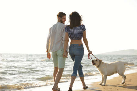 two young people running on the beach kissing and holding tight with dog.の写真素材