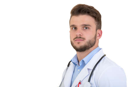 Male Doctor standing with folder, isolated on white background