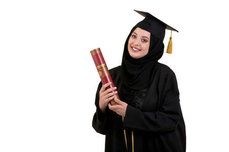 Happy graduate arabic muslim student with diplomaの写真素材