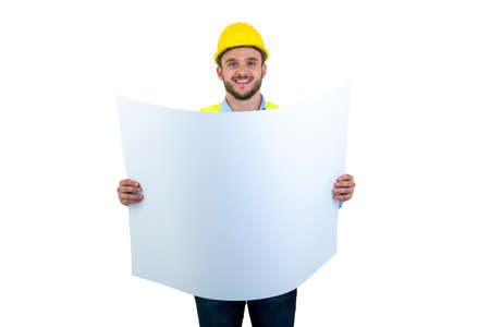 Young Engineer portrait holding blueprints isolated on whiteの写真素材