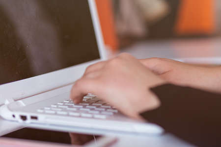 Girl using laptop for study or work. Freelance concept