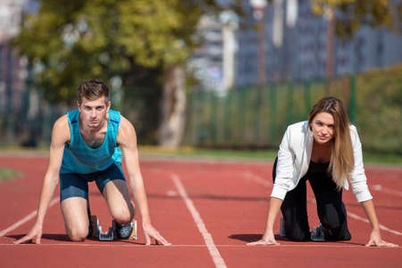 Business metaphore of staying ahead, winning in business.の写真素材