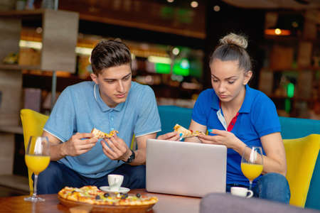 Students group eating pizza in breaking time early next study class having fun and enjoy party...