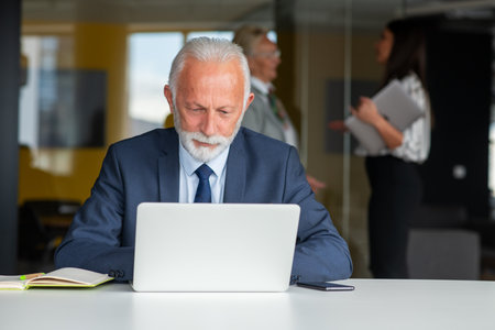 Mature businessman working on laptop. Handsome mature business leader sitting in a modern officeの写真素材