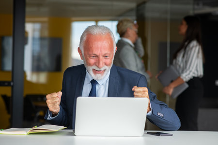 Senior businessman working on laptop computer in modern officeの写真素材