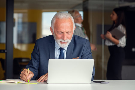 Mature businessman working on laptop. Handsome mature business leader sitting in a modern officeの写真素材
