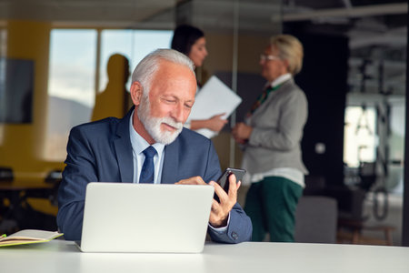 Mature businessman working on laptop. Handsome mature business leader sitting in a modern officeの写真素材