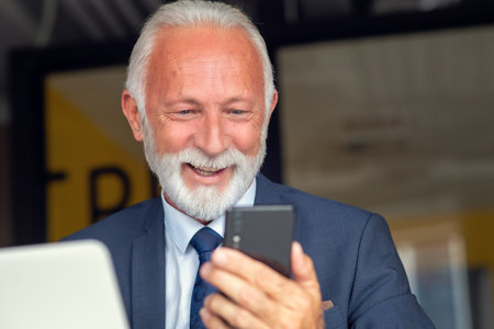 Mature businessman working on laptop. Handsome mature business leader sitting in a modern officeの写真素材