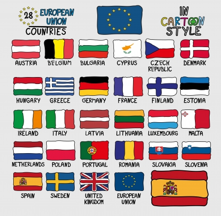 28 Flags of European Union Countries in Cartoon Styleのイラスト素材