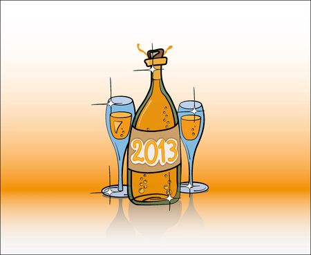 2013 Year Bottle of Champagne and Two Glasses in Gold Colorのイラスト素材