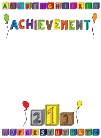 Achievement lettering A4 Page award for kids with alphabet blocks, balloons and medal podium.のイラスト素材