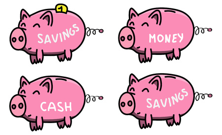 Hand drawn pink, clean, shiny and happy fat piggybank in cartoon style with inserted gold coin and 	
lettering, colored illustration for kids.のイラスト素材