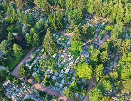 Aerial view on big cemetery many tombstones and trees.の写真素材