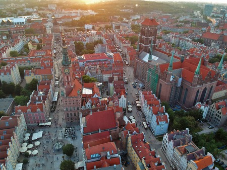 Aerial view on old town with red roof buildings in Poland.