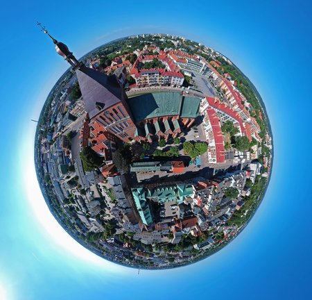 Aerial view on spherical panorama city, old town, city center, green city, cathedral