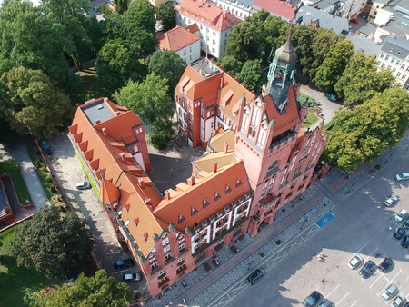 SLUPSK, POLAND - 16 AUGUST 2018 - Aerial view on Slupsk city center with historical Town Hall buildingのeditorial素材