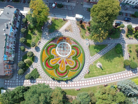SLUPSK, POLAND - 16 AUGUST 2018 - Aerial view on Slupsk city center with round flower decorationのeditorial素材