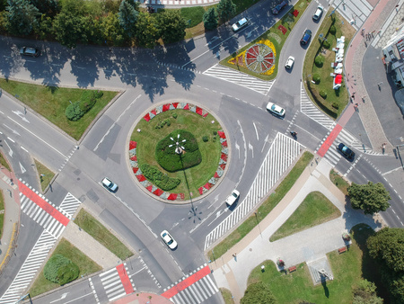 SLUPSK, POLAND - 16 AUGUST 2018 - Aerial view on Slupsk city center with roundabout with flower decorationのeditorial素材