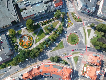 SLUPSK, POLAND - 16 AUGUST 2018 - Aerial view on Slupsk city center with roundabout with flower decorationのeditorial素材