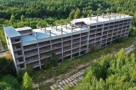 KOSZALIN, POLAND - 10 AUGUST 2018 - Aerial view on Koszalin's city old unfinished hospital, area of Lesna streetのeditorial素材