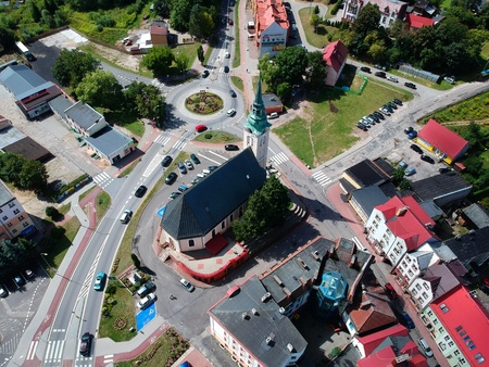 MIASTKO, POLAND - 05 AUGUST 2018 - Aerial view on Miastko city with baroque church and Jan Pawel II roundaboutのeditorial素材
