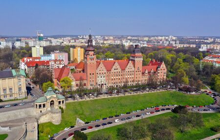 SZCZECIN, POLAND - 08 APRIL 2019 - Aerial view on Szczecin city, area of Waly Chrobrego. National...
