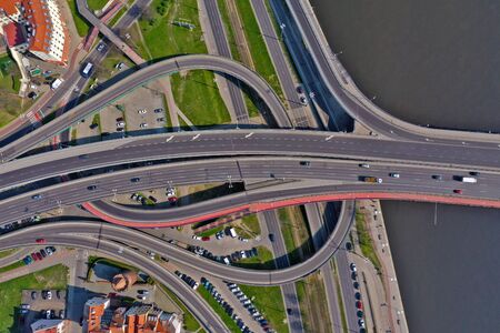 SZCZECIN, POLAND - 08 APRIL 2019 - Aerial view on Szczecin city, area of Waly Chrobrego and Trasa Zamkowa with Labudy Bridge at Odra river.のeditorial素材