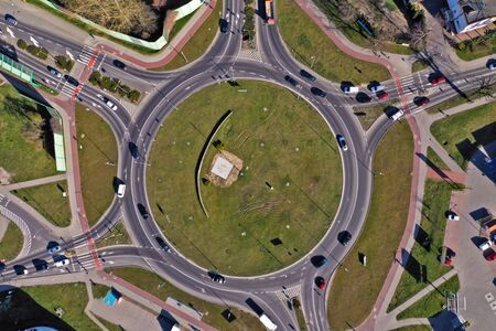 KOSZALIN, POLAND - 1 APRIL 2019 - Aerial view on city Koszalin, area of Solidarnosci Roundabout with heavy car traffic.のeditorial素材