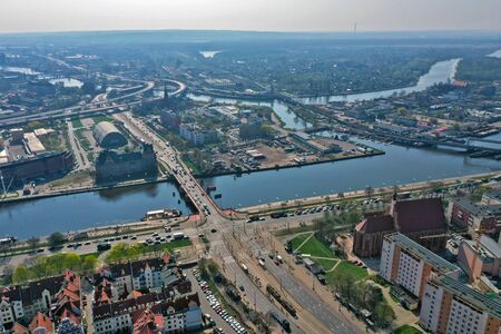 SZCZECIN, POLAND - 08 APRIL 2019 - Aerial view on Szczecin city, area of Dlugi Most and Trasa Zamkowa with Labudy Bridge at Odra river.のeditorial素材